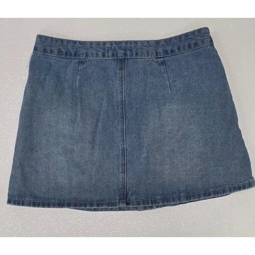 Forever 21 Distressed Denim Mini Skirt Button Front Medium Wash Size Large